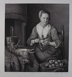 Une cuisinière (Die Apfelschälerin). Kupferstich v. Jean Baptiste Massard nach Gabriel Metsu (162...