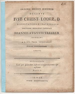 Bild des Verkufers fr Obseruationis scroti per sphacelum destructi et reproductionis ope restituti, Part. 1. Promotionsankndigung von Johann August Treiber aus Gotha. zum Verkauf von Wissenschaftliches Antiquariat Kln Dr. Sebastian Peters UG