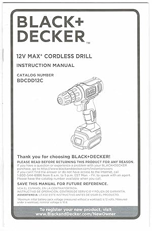 BLACK + DECKER BDCDD12C 12V MAX CORDLESS DRILL INSTRUCTION MANUAL