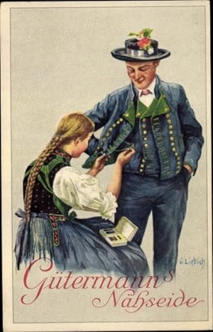Künstler Ansichtskarte / Postkarte Liebich, Gütermann's Nähseide, Reklame, Mann und Frau in Trachten