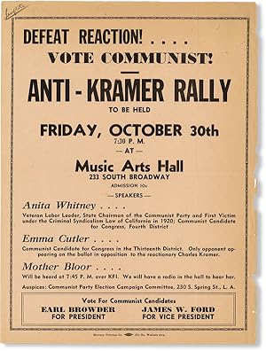 Imagen del vendedor de [Broadside] Defeat Reaction! Vote Communist! Anti-Kramer Rally to be Held Friday, October 30th, 7:30 p.m. at Music Arts Hall, 233 South Broadway a la venta por Lorne Bair Rare Books, ABAA
