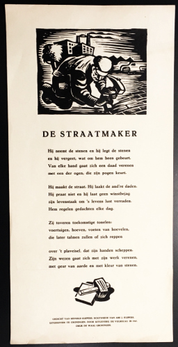 Imagen del vendedor de De straatmaker. (Rijmprent met een houtsnede van Abe J. Kuipers). a la venta por Fokas Holthuis