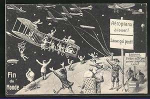 Ansichtskarte Das Ende der Welt, Menschen verlassen die Erde mit Flugzeugen und Zeppelin