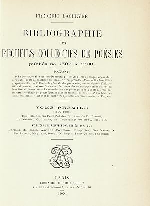 Bild des Verkufers fr Bibliographie des recueils collectifs de posies publis de 1597  1700. zum Verkauf von Librairie de l'Amateur