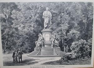 Bild des Verkufers fr "Das Goethedenkmal in Berlin". Holzstich von G. Theuerkauf, rckseitig mit Text, 17 x 23 cm, ca. 1880. zum Verkauf von Antiquariat Michael Eschmann