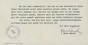 Brief m.e.U. Wien 24.10.1950. 1 S. 4°. Gedruckter Briefkopf.