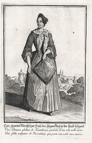 Imagen del vendedor de Eine Gemeine Nrnberger Frau, das Regentuch in der Hand tragend" - Nrnberg Franken Regentuch Ansicht Stadtansicht Trachten costumes costume Tracht a la venta por Antiquariat Steffen Vlkel GmbH