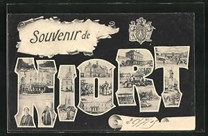 Carte postale Niort, l'Église, Pavillon, Statue du lieu insérées dans la typographie der Stadt
