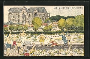 Künstler-Carte postale Saint-Quentin-Plage, Joyeux Ebats, Schwimmbad am Fluss