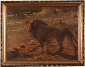 OIL ON CANVAS - LIONS. NAMIBE - 20th CENTURY.