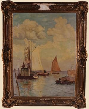 FRENCH MARINE WITH SAILING BOATS - OIL ON CANVAS - EARLY 20th CENTURY.
