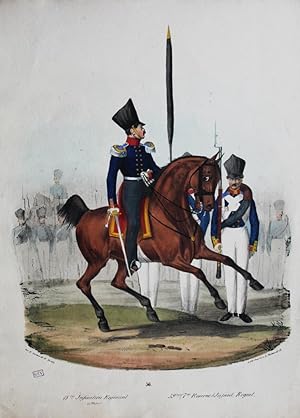 Bild des Verkufers fr 15tes Infanterie Regiment. (Major) 39tes (7tes Reserve) Infant. Regiment." originale altkolorierte Lithographie/lithograph with original hand colouring ca.30x24cm (Darstellung/image size) von Louis Friedrich Sachse (1798 in Berlin - 1877 ebenda) zum Verkauf von Kunsthandel & Antiquariat Magister Ru