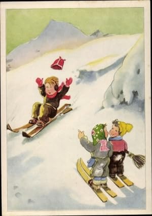 Image du vendeur pour Ansichtskarte / Postkarte Kinder fahren Ski, Unfall, Liebespaar mis en vente par akpool GmbH