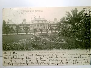 Bild des Verkufers fr Gruss aus Pillnitz. Lustschloss ( Bergpalais ) Sr. Majestt des Knigs von Sachsen. Alte AK s/w. gel. 1902. Gebudeansicht, Parkanlage Alte Ansichtskarte / Postkarte s/w, Format ca 9 x 14 cm, postalisch gelaufen laut Poststempel 1902, mit Briefmarke, kleinere Gebrauchsspuren an Ecken und Kanten, braune befleckung oben ca mittig, das Alter bercksichtigend in guter Erhaltung G. Scheithauer zum Verkauf von ABC Versand e.K.