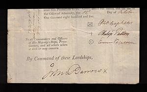 Imagen del vendedor de The lower portion of a printed form of command issued by the Office of Admiralty, signed by four members. a la venta por Forest Books, ABA-ILAB