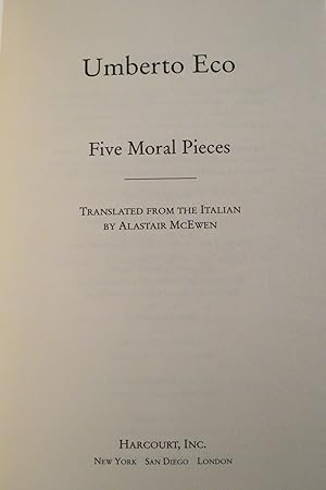 Imagen del vendedor de FIVE MORAL PIECES (DJ Protected by a Brand New, Clear, Acid-Free Mylar Cover) a la venta por Sage Rare & Collectible Books, IOBA