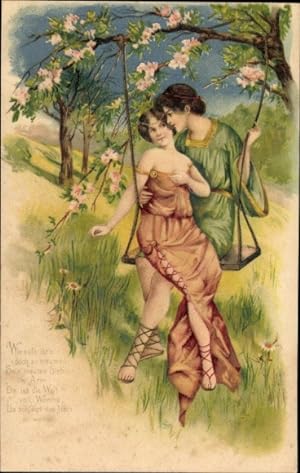 Ansichtskarte / Postkarte Frau in braunem Klein und ihr Mann schaukeln, Liebespaar