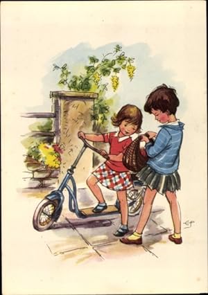 Künstler Ansichtskarte / Postkarte Zwei Mädchen mit einem Roller