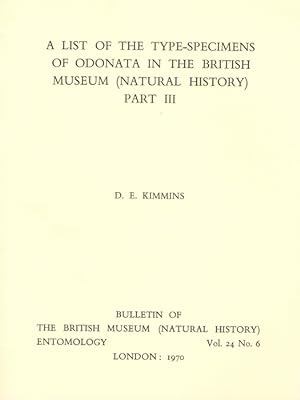 Imagen del vendedor de A List of the Type-specimens of Odonata in the British Museum (Natural History) Part III a la venta por PEMBERLEY NATURAL HISTORY BOOKS BA, ABA