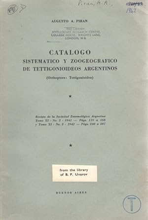 Immagine del venditore per Catalogo Sistematico y Zoogeorgrafico de Tettigonoioideos Argentinos (Orthoptera: Tettigonioidea) venduto da PEMBERLEY NATURAL HISTORY BOOKS BA, ABA