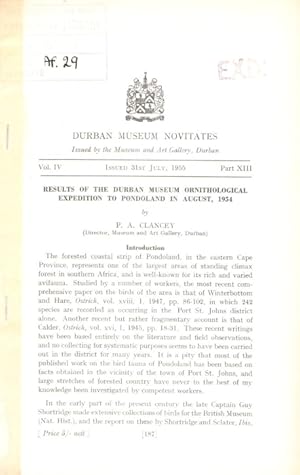 Imagen del vendedor de Results of the Durban Museum ornithological expedition to Pondoland in August, 1954 a la venta por PEMBERLEY NATURAL HISTORY BOOKS BA, ABA