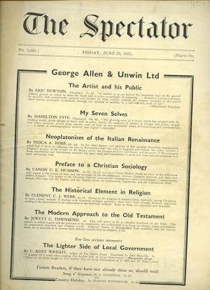 Imagen del vendedor de The Spectator | Issue Number 5583. | Friday, June 28, 1935 | H. E. Bates 'The Bathysphere'; Anthony Blunt 'Russian Art'; Air Commodore P. F. M. Fellowes 'The Monster of the Air'; A. S. J. Tessimond 'Two Poems'; Sir Evelyn Wrench 'In Rhineland - A New Outlook'; Graham Greene 'England Made Me' by William Plomer. a la venta por Little Stour Books PBFA Member