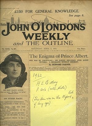 Imagen del vendedor de John O'London's Weekly and The Outline | Volume XXVII. Issue Number 677 | Saturday, April 2, 1932 | H. E. Bates 'The Man From Jamaica'; Trevor Allen 'The Water Diviner at Work'; Dermot Morrah 'Henry VIII and the Monks'. a la venta por Little Stour Books PBFA Member