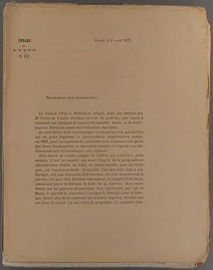 Seller image for Lettre aux prtres communiquant un avis du Conseil d'tat reconnaissant aux fabriques la capacit de recueillir seules et de distribuer les libralits ayant une destination charitable. 1er avril 1873. for sale by Librairie Et Ctera (et caetera) - Sophie Rosire