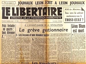 Le libertaire. Organe de la fédération anarchiste. N° 223. Léon Jouhaux. La grève gestionnaire. L...