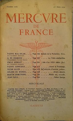 Seller image for Mercure de France N 1087. Pierre Mac Orlan - Chamisso - Emile Henriot - Pierre Schneider - Suzan Allen . 1er mars 1954. for sale by Librairie Et Ctera (et caetera) - Sophie Rosire