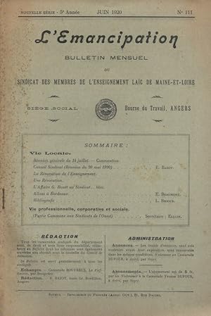 Seller image for L'Emancipation N 111. Bulletin mensuel du Syndicat des institutrices et instituteurs publics du Maine-et-Loire. Juin 1920. for sale by Librairie Et Ctera (et caetera) - Sophie Rosire