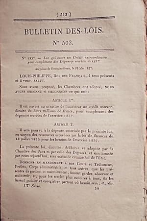 Bild des Verkufers fr Bulletin des lois. Contient, entre autres, le dcret contenant le tarif des droits exigibles sur les bacs tablis dans l'tendue du dpartement de la Sarthe et l'ordonnance du roi qui autorise la construction d'un pont sur le canal de Brouage en remplacement du bac de Pillay dans la commune de Trizay (Charente infrieure). 31 mai 1837. zum Verkauf von Librairie Et Ctera (et caetera) - Sophie Rosire