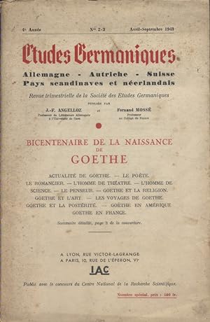 Etudes germaniques. Revue trimestrielle. N° 2-3 : bicentennaire de la naissance de Goethe. Avril-...