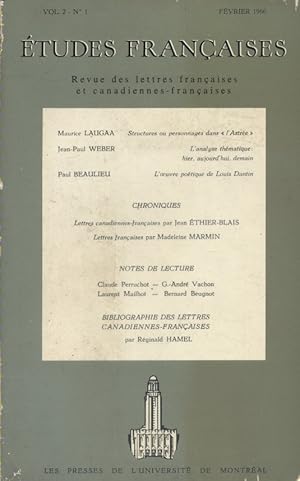 Seller image for Etudes franaises N 1. Structures ou personnages dans l'Astre par Maurice Lauga - L'analyse thmatique par Jean-Paul Weber - L'oeuvre potique de Louis Dantin par Paul Beaulieu. for sale by Librairie Et Ctera (et caetera) - Sophie Rosire