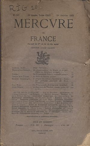Image du vendeur pour Mercure de France N 541. 1er janvier 1921. mis en vente par Librairie Et Ctera (et caetera) - Sophie Rosire