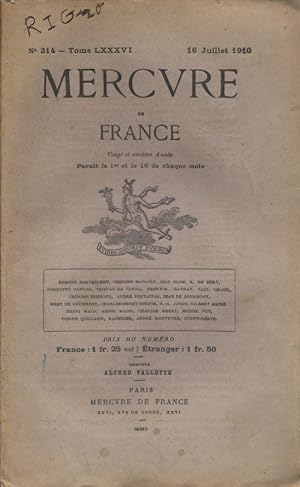 Image du vendeur pour Mercure de France N 314. 16 juillet 1910. mis en vente par Librairie Et Ctera (et caetera) - Sophie Rosire