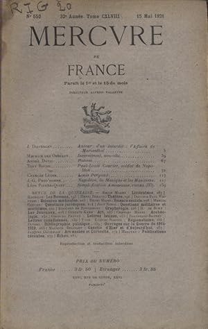 Image du vendeur pour Mercure de France N 550. 15 mai 1921. mis en vente par Librairie Et Ctera (et caetera) - Sophie Rosire