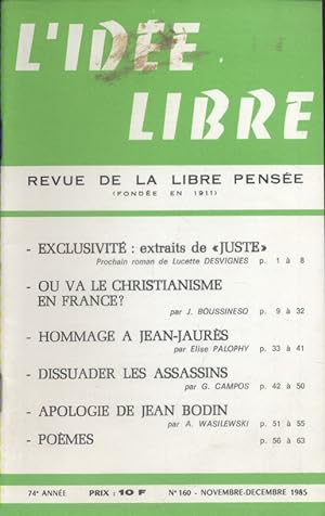 L'idée libre. 1985. N° 160. Revue de la libre pensée. Novembre-décembre 1985.