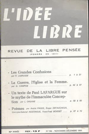 L'idée libre. 1991. N° 196. Revue de la libre pensée. Novembre-décembre 1991.