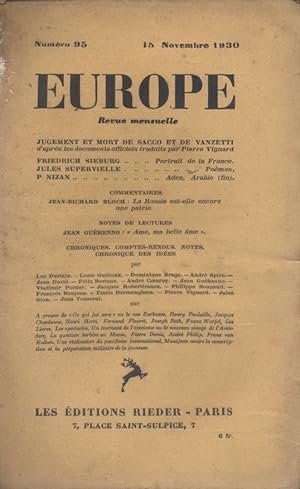 Europe. Revue mensuelle N° 95. Article sur Sacco et Vanzetti. 15 novembre 1930.
