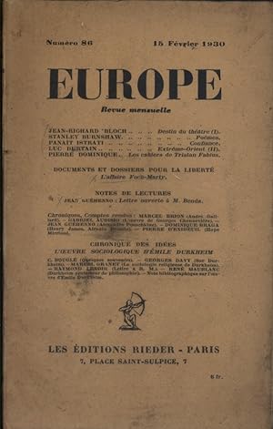 Europe N° 86 : Textes de Jean-Richard Bloch - Stanley Burshaw - Panaït Istrati - Luc Durtain - Pi...
