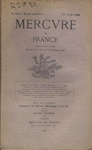 Seller image for Mercure de France N 316. 16 aot 1910. for sale by Librairie Et Ctera (et caetera) - Sophie Rosire