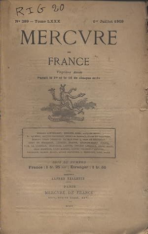 Image du vendeur pour Mercure de France N 289. 1er juillet 1909. mis en vente par Librairie Et Ctera (et caetera) - Sophie Rosire
