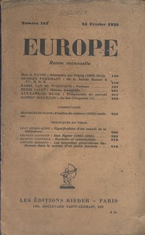 Europe N° 182 : Textes de Mme G. Favre - Georges Friedmann - Karel - Van de Woestijne - Albert So...
