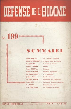 Défense de l'homme N° 199. Revue mensuelle. Louis Dorlet - Henri Rougemont - P.-V. Berthier - S. ...