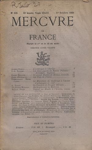 Image du vendeur pour Mercure de France N 535. 1er octobre 1920. mis en vente par Librairie Et Ctera (et caetera) - Sophie Rosire