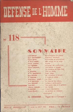 Défense de l'homme N° 118. Revue mensuelle. Louis Dorlet - Henri Rougemont - P.-V. Berthier - Emi...