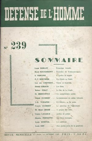 Défense de l'homme N° 239. Revue mensuelle. Louis Dorlet - Henri Rougemont - P.-V. Berthier - S. ...