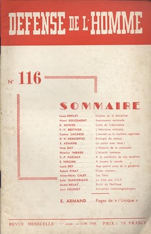 Défense de l'homme N° 116. Revue mensuelle. Louis Dorlet - Henri Rougemont - P.-V. Berthier - Emi...