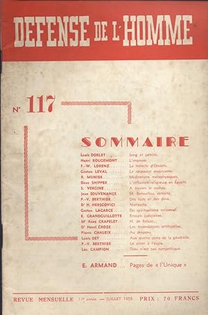 Défense de l'homme N° 117. Revue mensuelle. Louis Dorlet - Henri Rougemont - P.-V. Berthier - Emi...